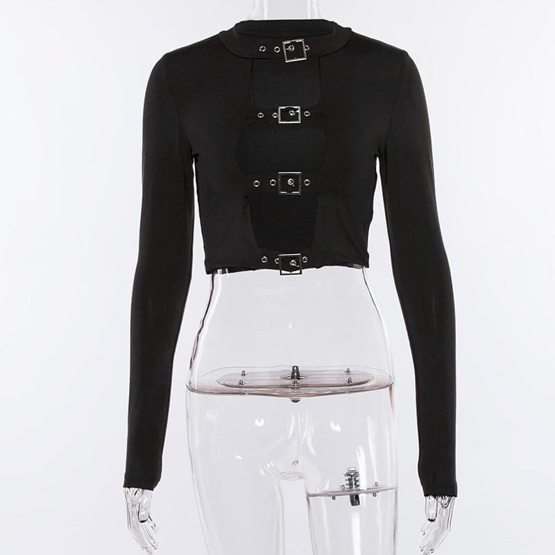Black Cut Out Buckle Chest Sleeved Crop Top - Ghoul RIP