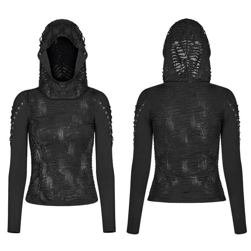 Black Distressed Gothic Hooded Long Sleeve - Ghoul RIP