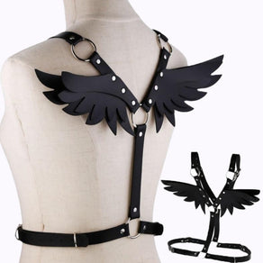 Black Faux Leather Chest Harness With Wings - Ghoul RIP