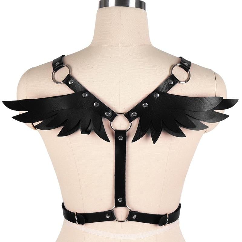 Black Faux Leather Chest Harness With Wings - Ghoul RIP