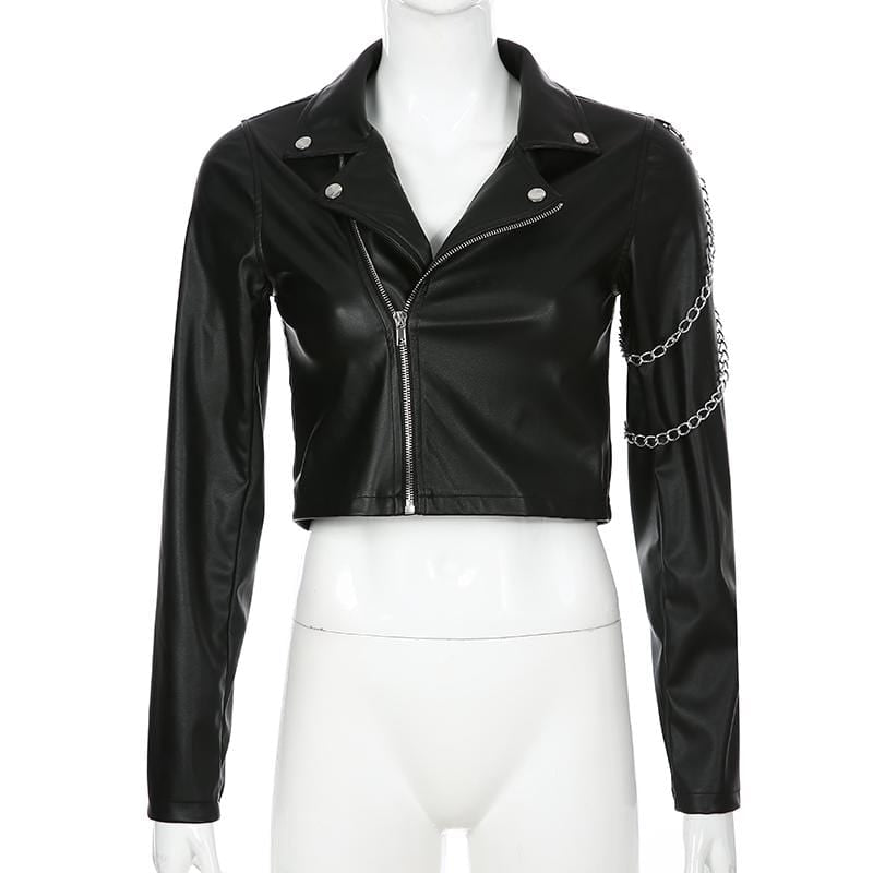 Black Faux Leather Motorcycle Jacket With Chain - Ghoul RIP