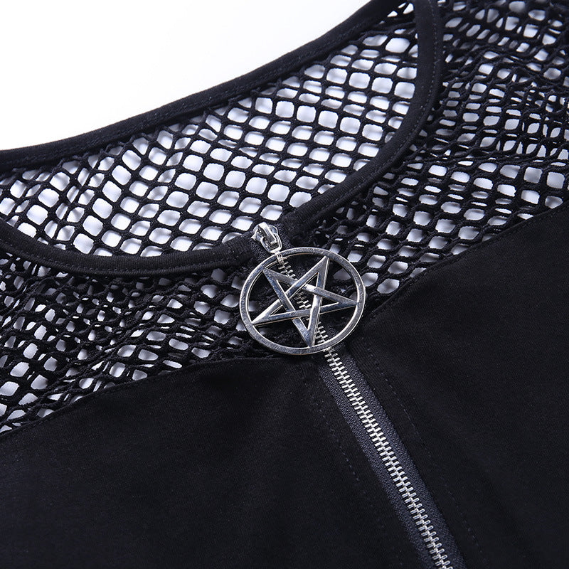 Black Fishnet Paneled Top With Pentagram Zipper - Ghoul RIP