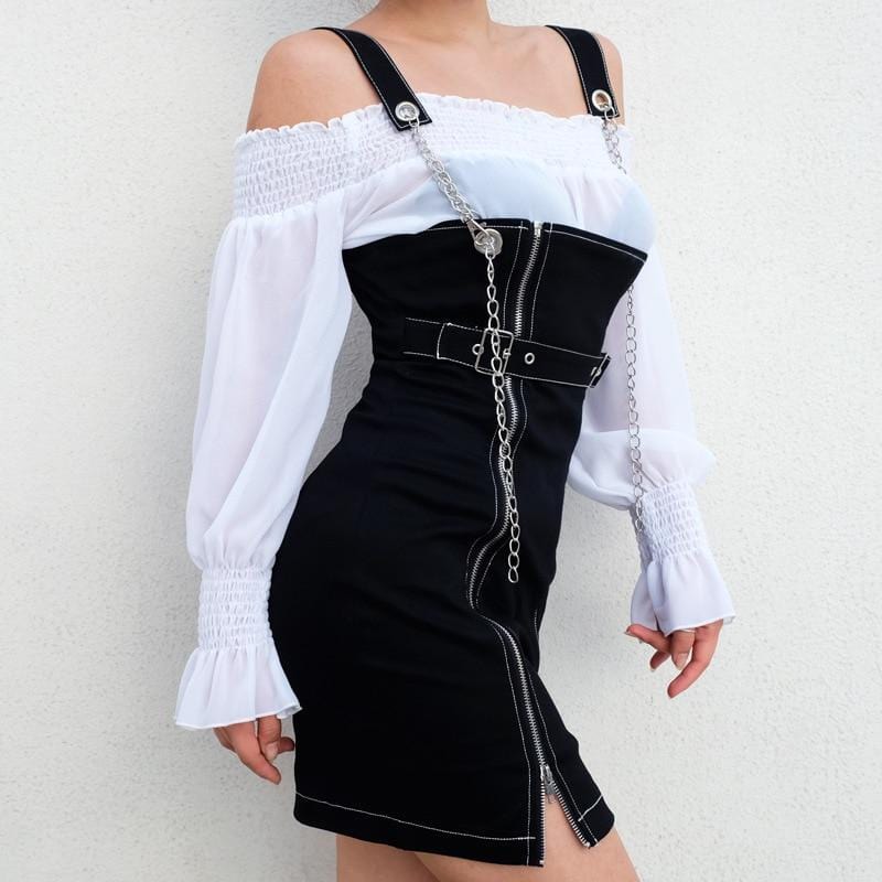 Black Full Zip Suspender Mini Dress - Ghoul RIP