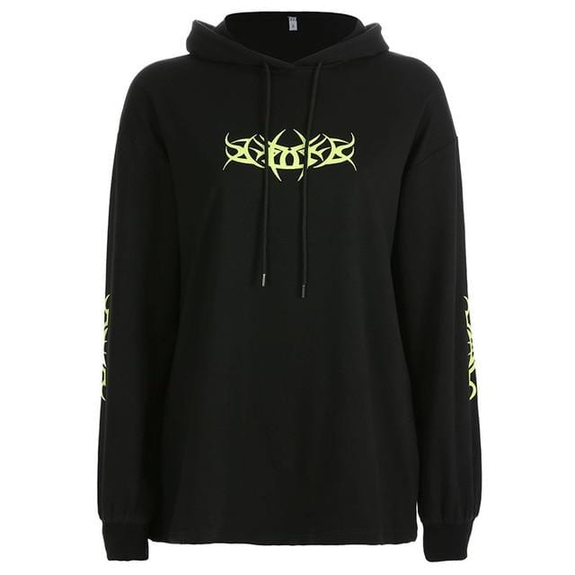 Black Hoodie With Bright Yellow Neo Tribal Print - Ghoul RIP