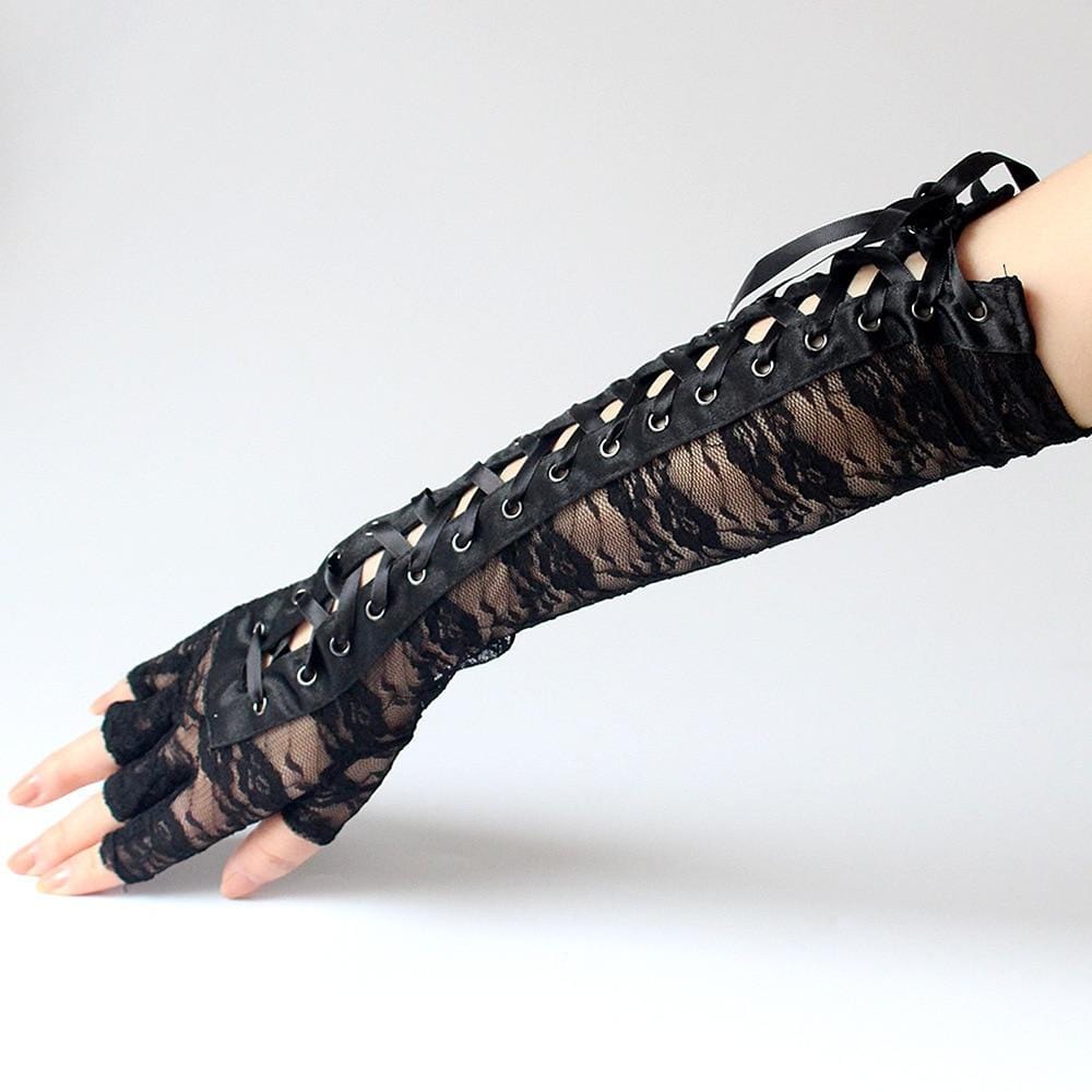 Black Lace Elbow Length Fingerless Gloves - Ghoul RIP