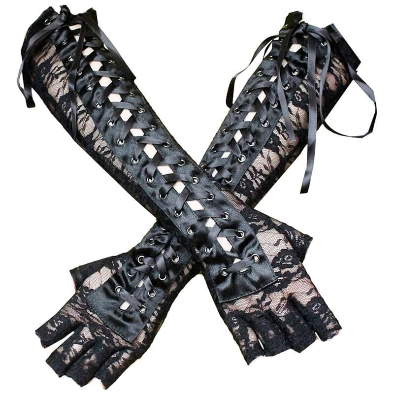 Black Lace Elbow Length Fingerless Gloves - Ghoul RIP