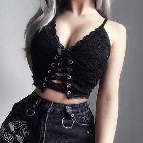 Black Lace Tie Front Bralette Top - Ghoul RIP