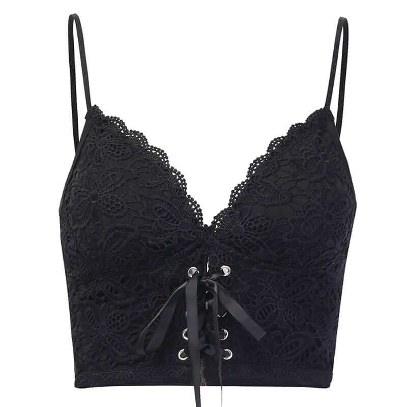Black Lace Tie Front Bralette Top - Ghoul RIP