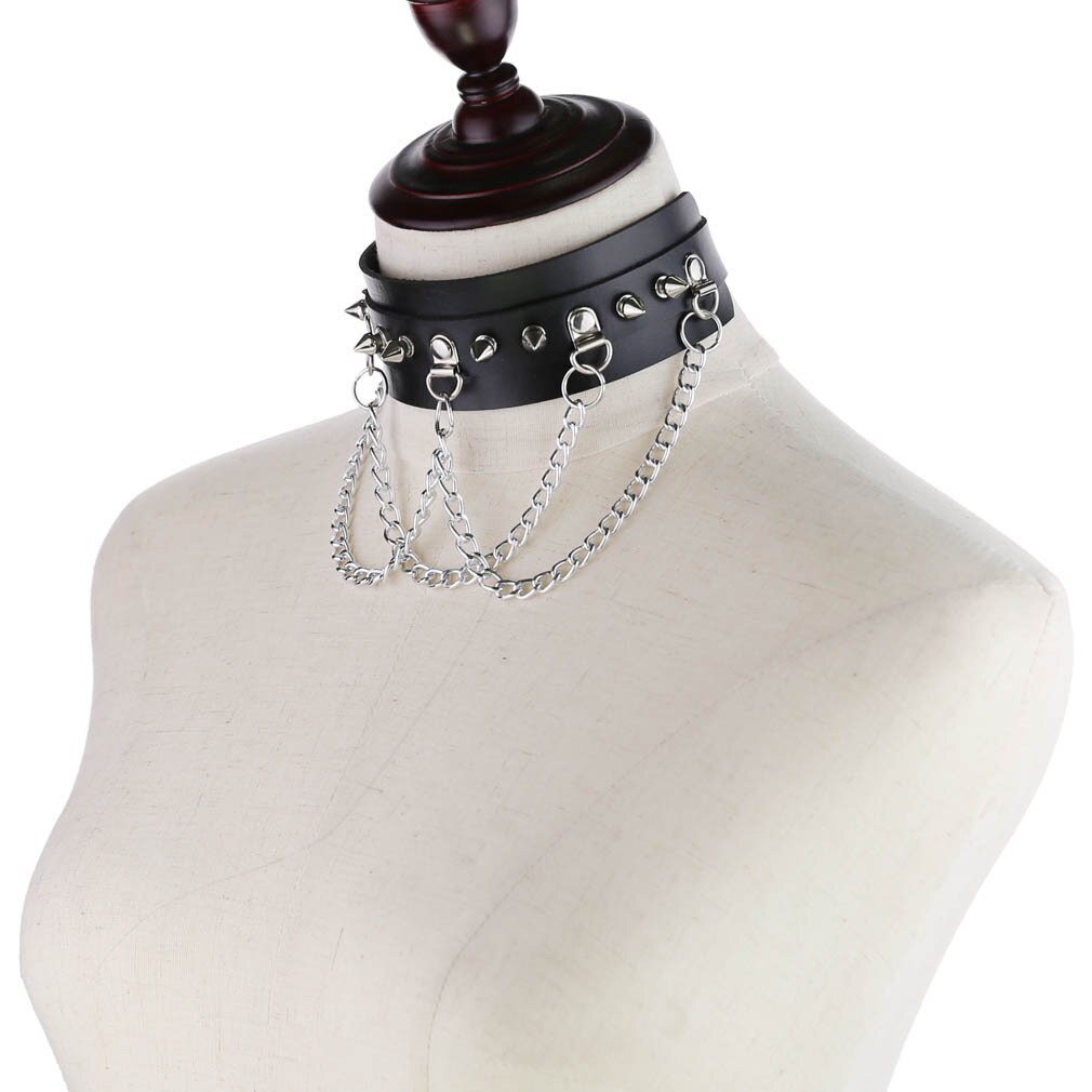 Black Leather Spiked Choker With Tiered Chains - Ghoul RIP