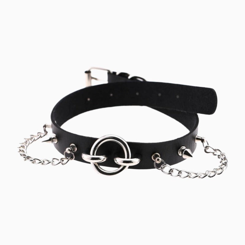 Black Leather Spikes & Chains Choker With O Ring - Ghoul RIP