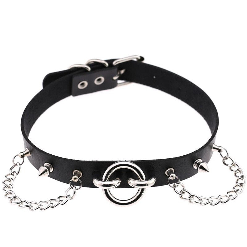 Black Leather Spikes & Chains Choker With O Ring - Ghoul RIP