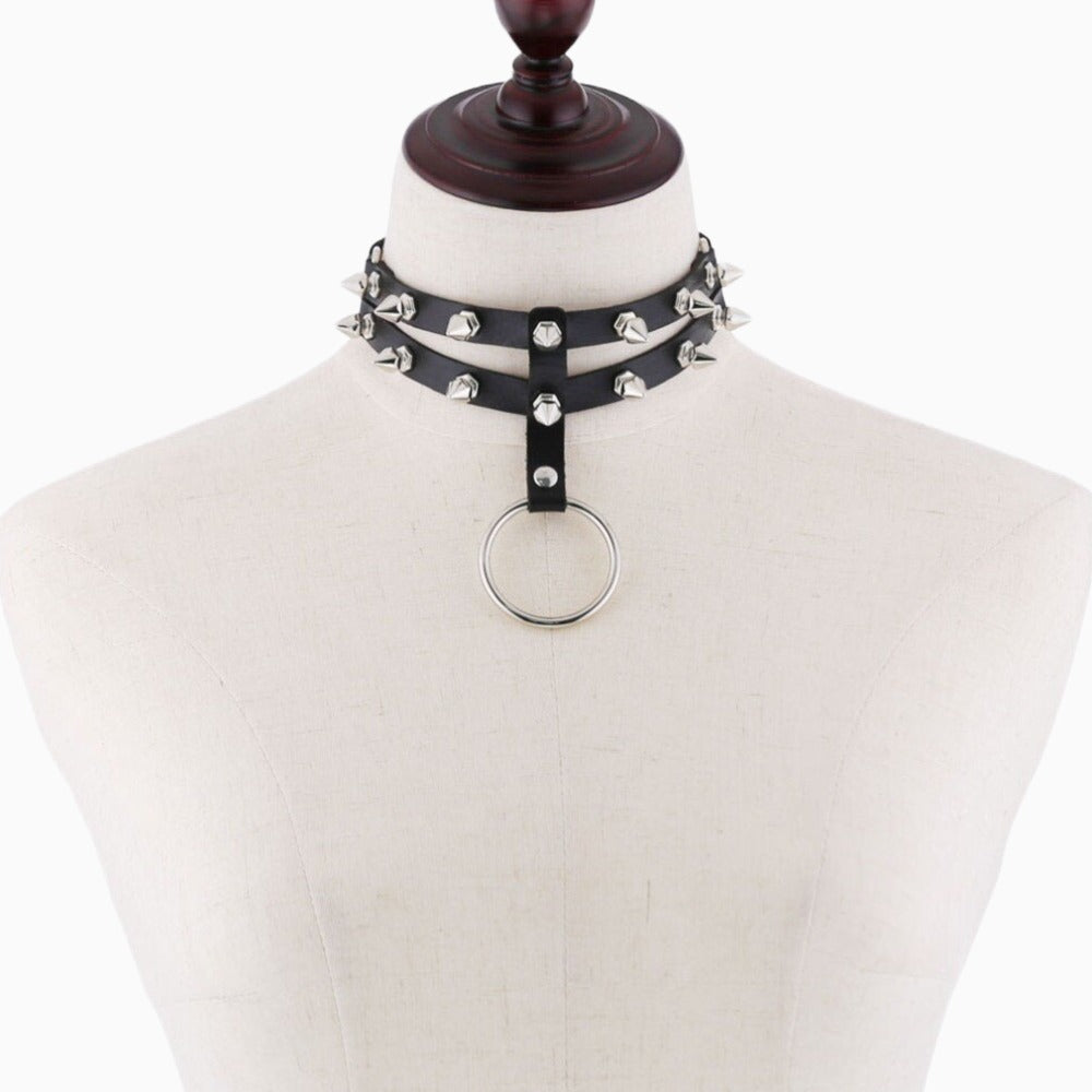 Black Leather Tiered Spike Choker With O Ring - Ghoul RIP