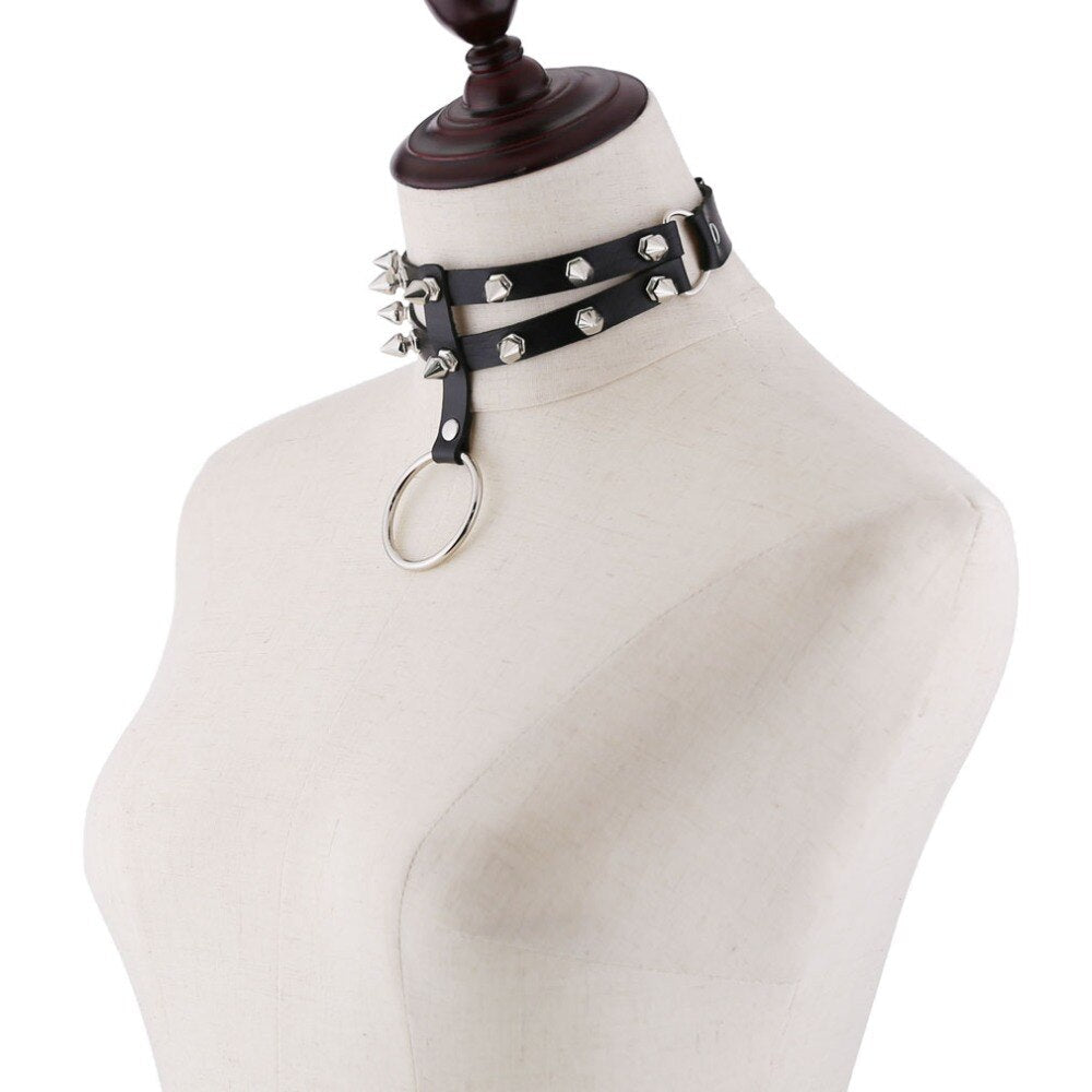 Black Leather Tiered Spike Choker With O Ring - Ghoul RIP
