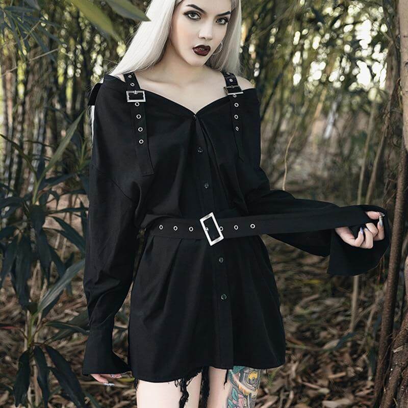 Black Long Sleeve Shirt Dress With Belt Straps - Ghoul RIP