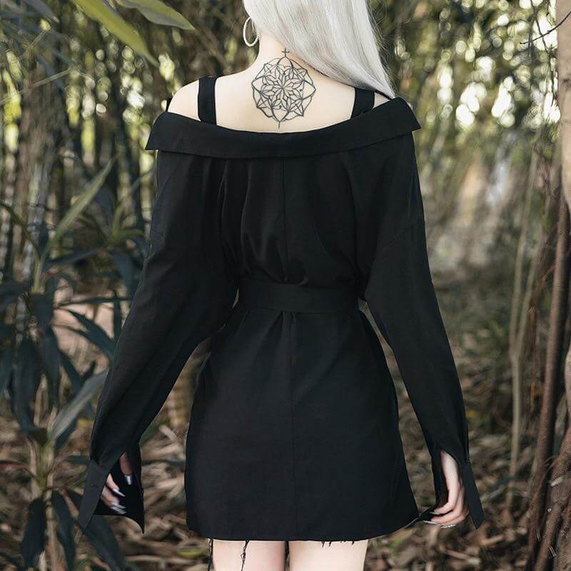 Black Long Sleeve Shirt Dress With Belt Straps - Ghoul RIP