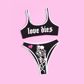 Black 'Love Dies' Skeleton Kiss Print Bikini - Ghoul RIP