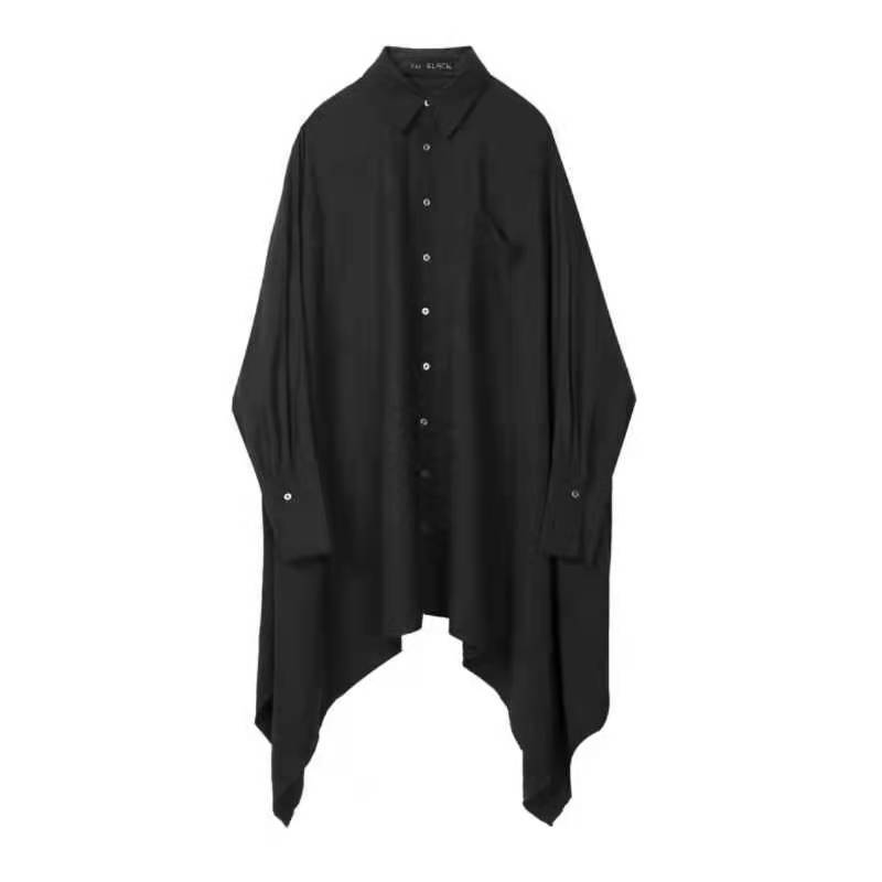 Black Oversized Hankerchief Hem Button Up Shirt - Ghoul RIP