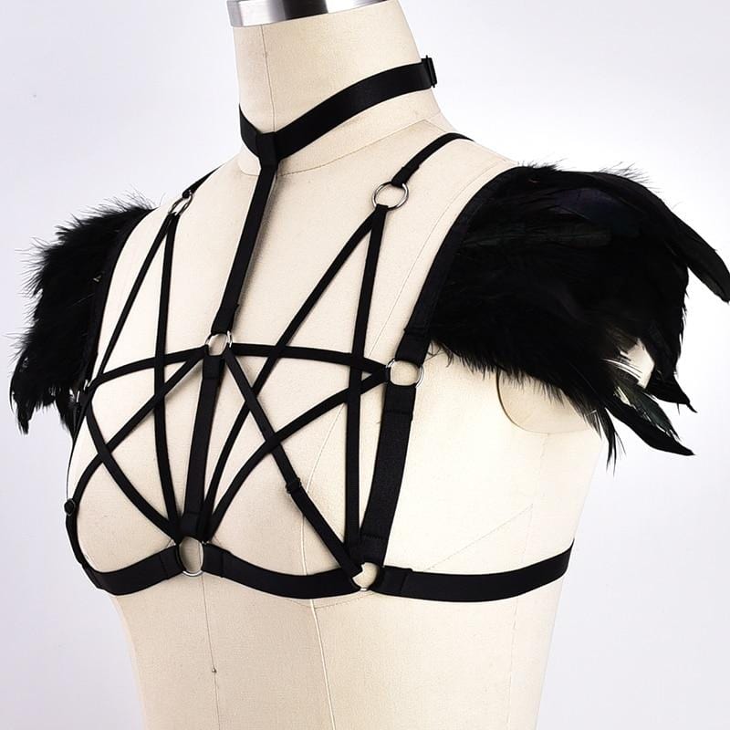 Black Pentagram & Feathers Chest Harness - Ghoul RIP