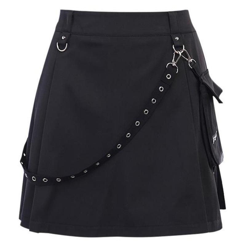 Black Pleated Cargo Skirt With Detachable Strap & Pocket - Ghoul RIP