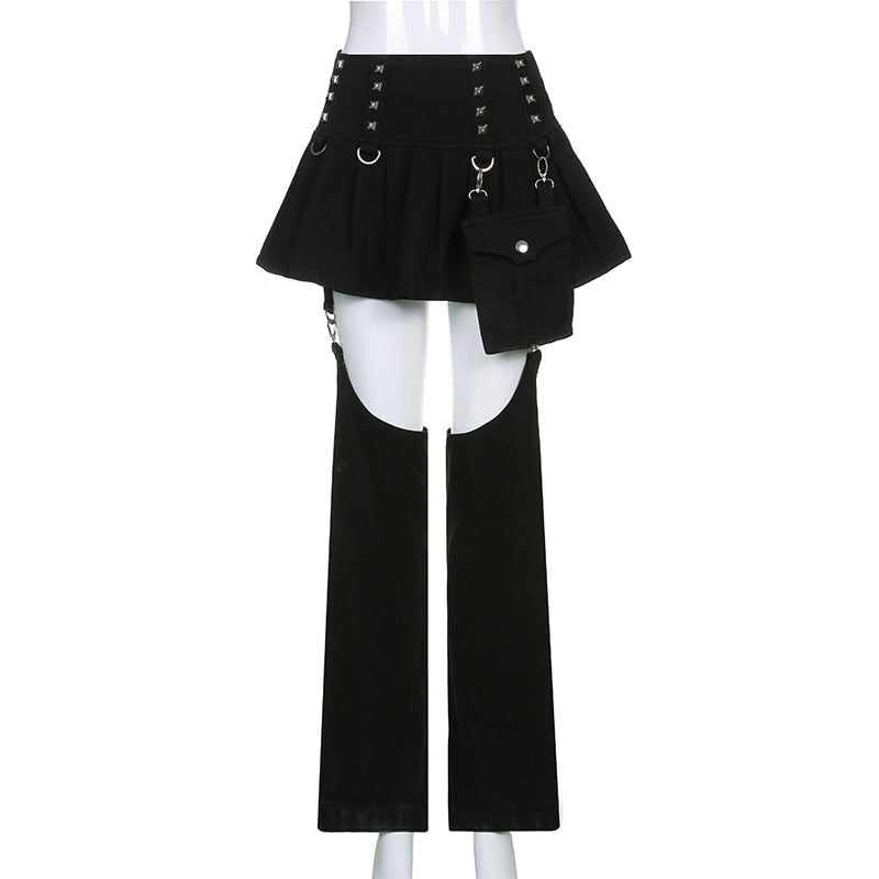Black Pleated Cargo Skirt With Garter Legs - Ghoul RIP