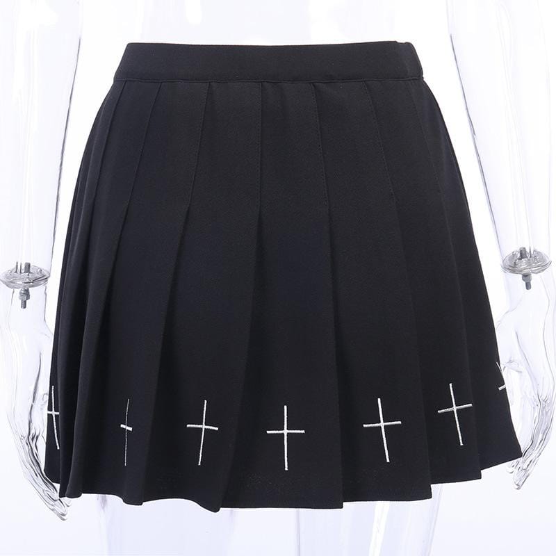 Black Pleated Skirt With Embroidered Cross Design - Ghoul RIP