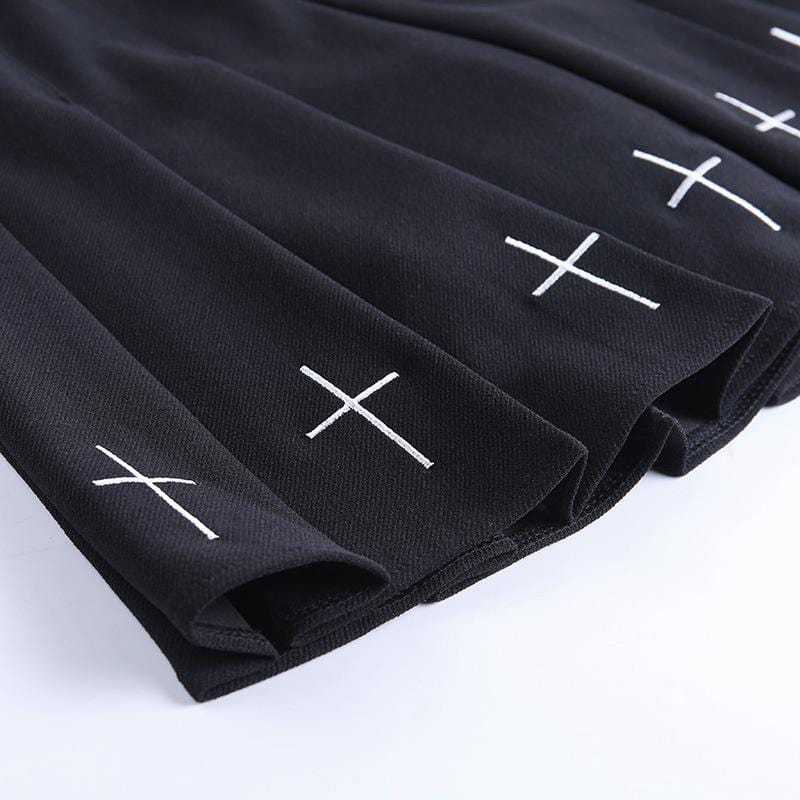 Black Pleated Skirt With Embroidered Cross Design - Ghoul RIP