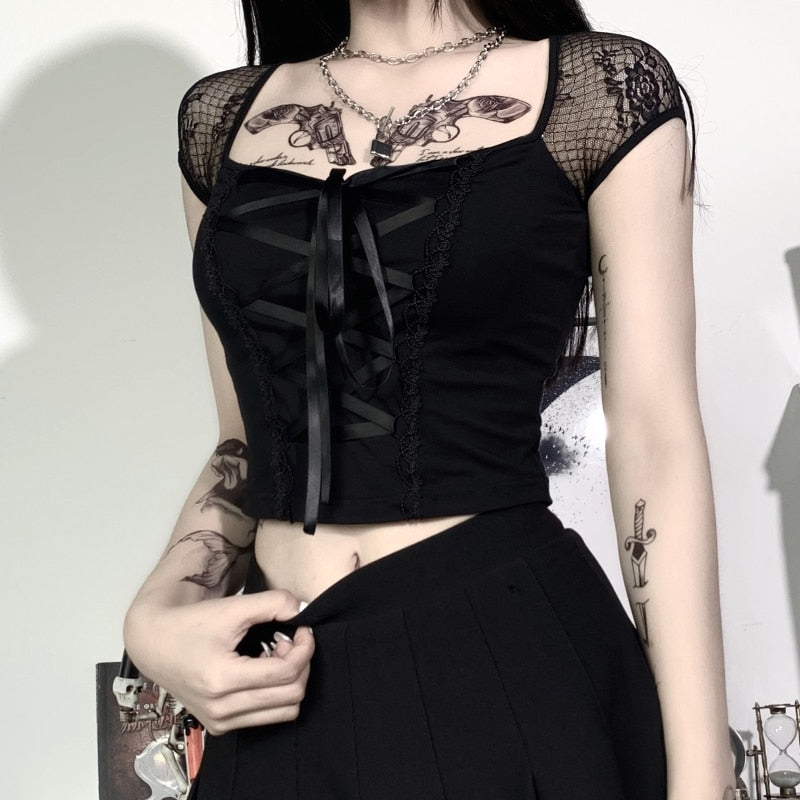 Black Ribbon Lace Up Top With Mesh Shoulders - Ghoul RIP