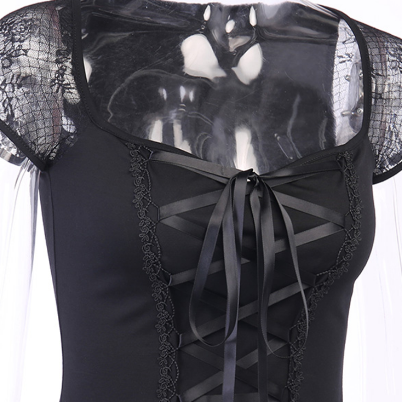 Black Ribbon Lace Up Top With Mesh Shoulders - Ghoul RIP