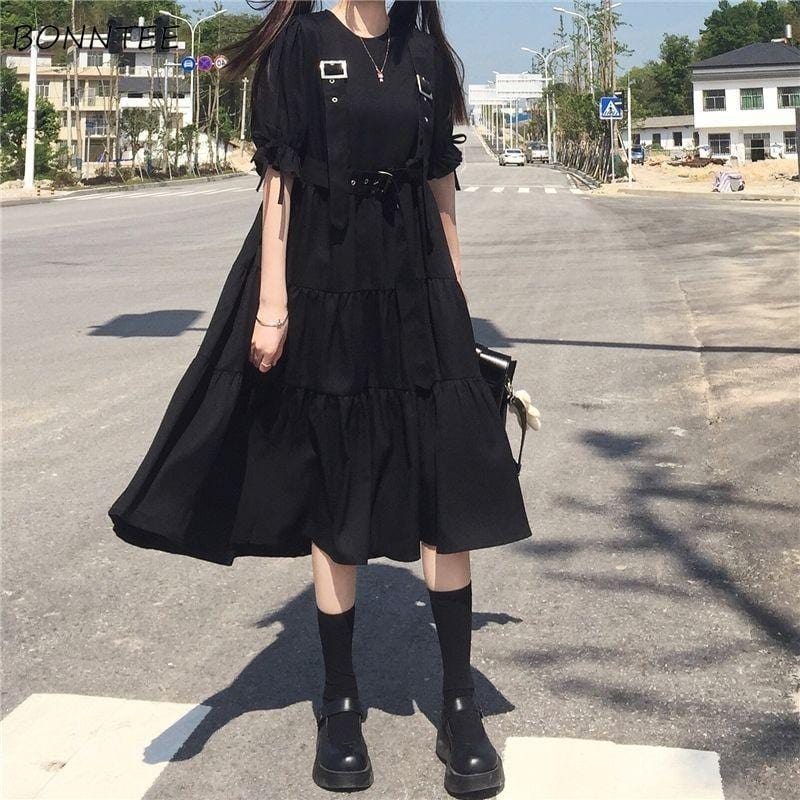 Black Tiered Midi Dress With Suspender Straps - Ghoul RIP
