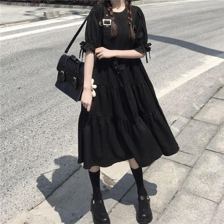 Black Tiered Midi Dress With Suspender Straps - Ghoul RIP