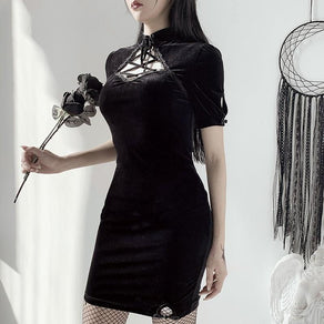 Black Velvet Mini Dress With Lace Up Cut Out Chest - Ghoul RIP