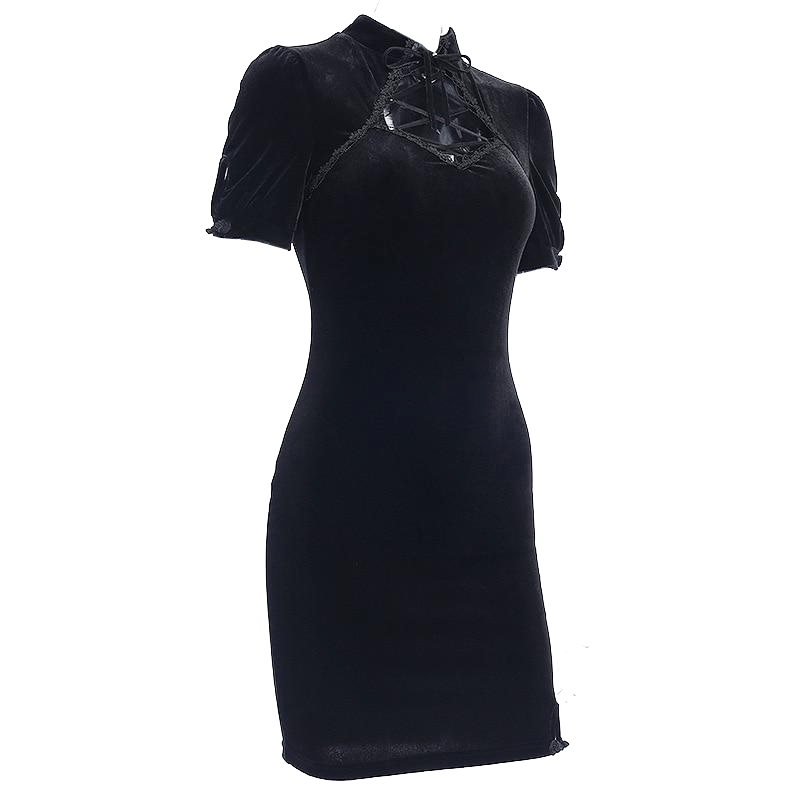 Black Velvet Mini Dress With Lace Up Cut Out Chest - Ghoul RIP