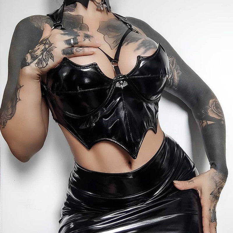 Black Wet Look Faux Leather Batwing Bustier Top - Ghoul RIP