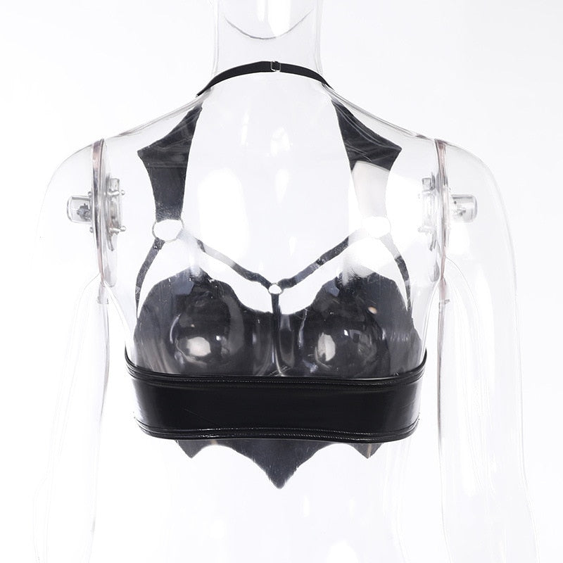 Black Wet Look Faux Leather Batwing Bustier Top - Ghoul RIP