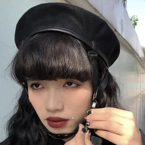 Black Wool Beret With Buckle Strap - Ghoul RIP
