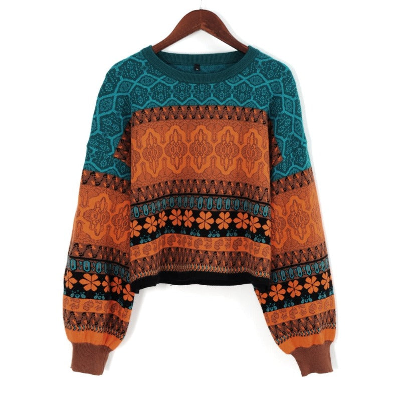 Blue & Orange Intricate Retro Chic Knit Sweater - Ghoul RIP