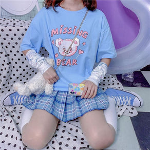 Blue Graphic Tee With Pink Teddy Bear Print - Ghoul RIP
