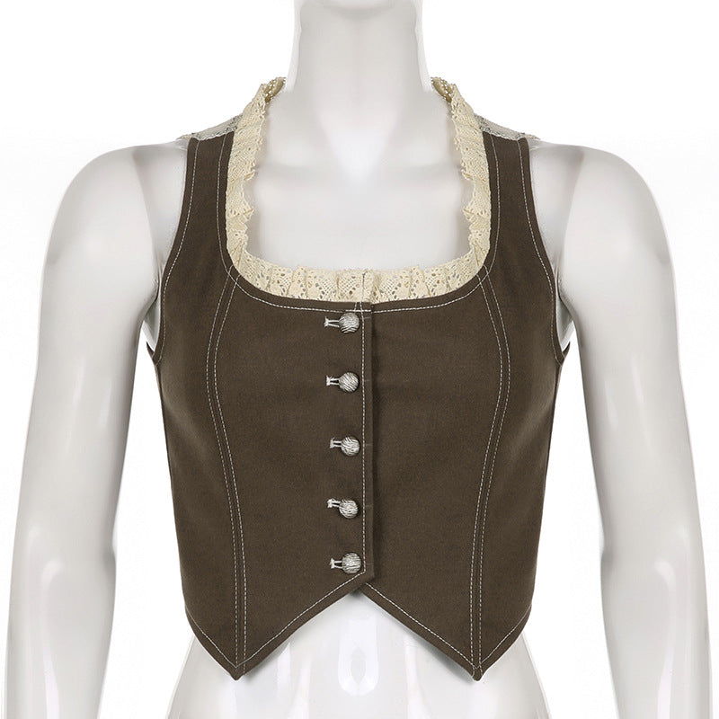 Brown Cropped Waistcoat With White Lace - Ghoul RIP