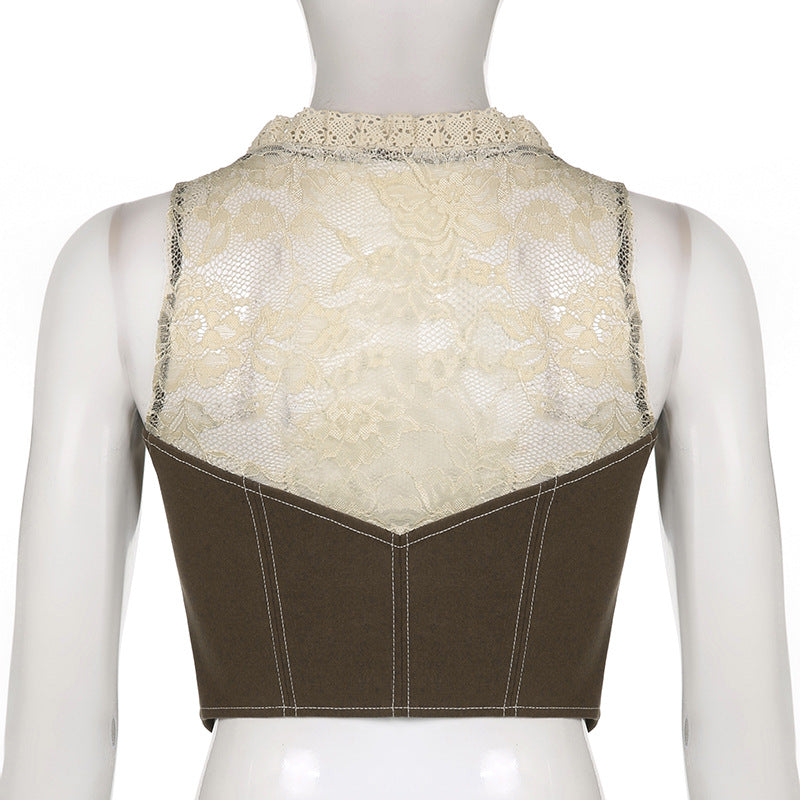 Brown Cropped Waistcoat With White Lace - Ghoul RIP