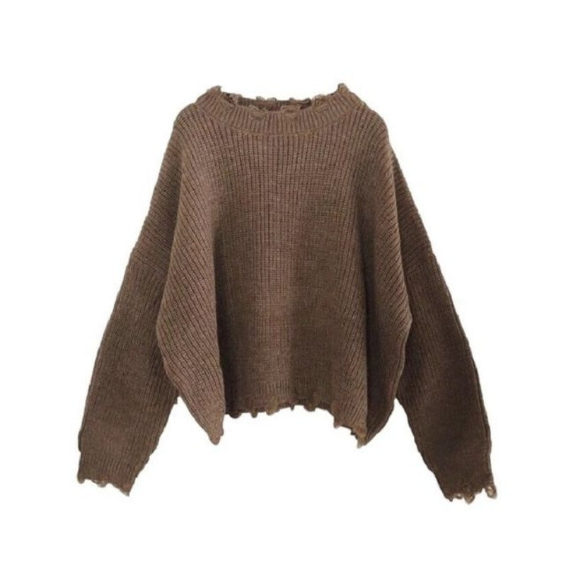 Brown Knitted Sweater With Distressed Hems - Ghoul RIP