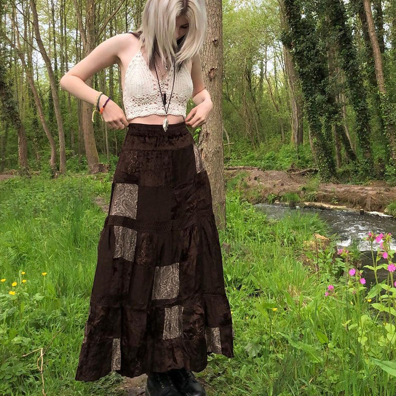 Brown Patchwork Flowy Maxi Skirt - Ghoul RIP