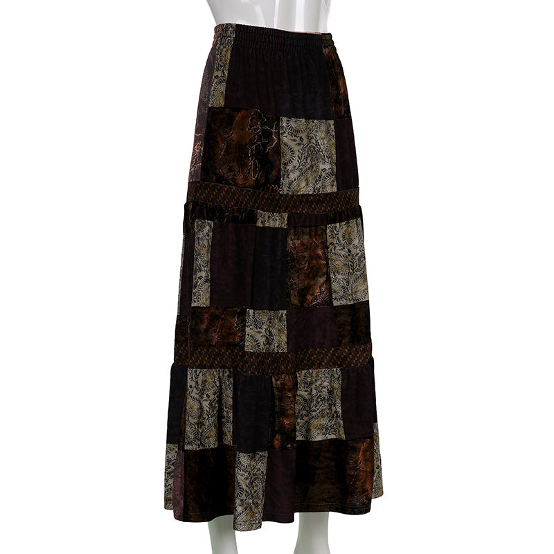 Brown Patchwork Flowy Maxi Skirt - Ghoul RIP
