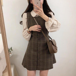 Brown Plaid Dark Academia Button Front Dress - Ghoul RIP