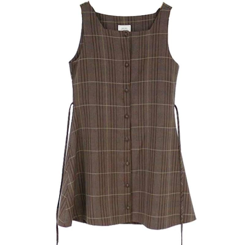 Brown Plaid Dark Academia Button Front Dress - Ghoul RIP