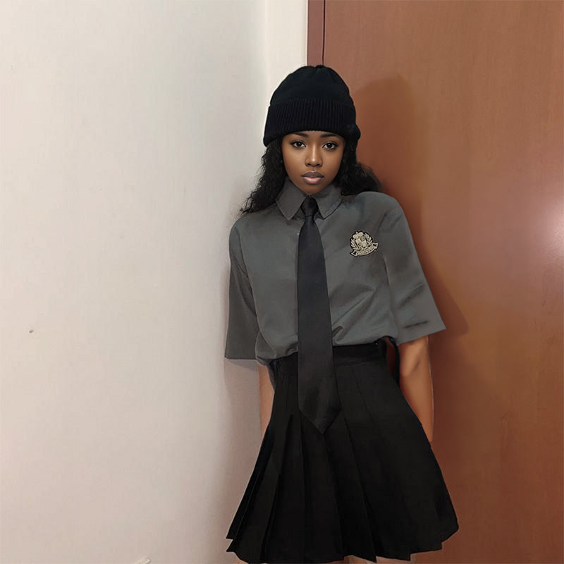 Button Up With Tie & Pleated Skirt Uniform Set - Ghoul RIP