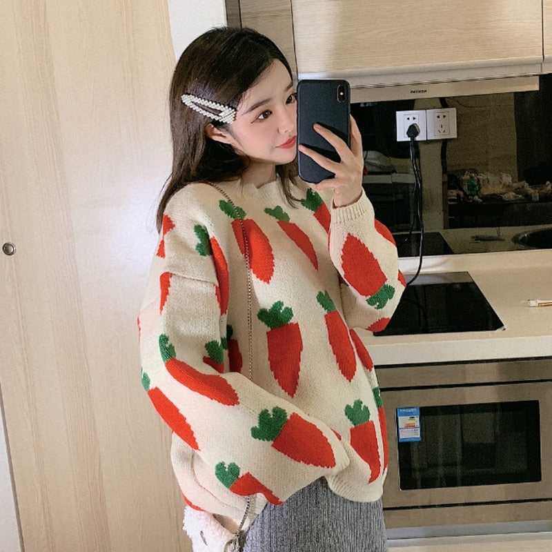 Carrot Pattern Knitted Sweater - Ghoul RIP