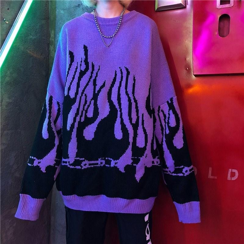 Chain & Flame Jacquard Knit Sweater - Ghoul RIP