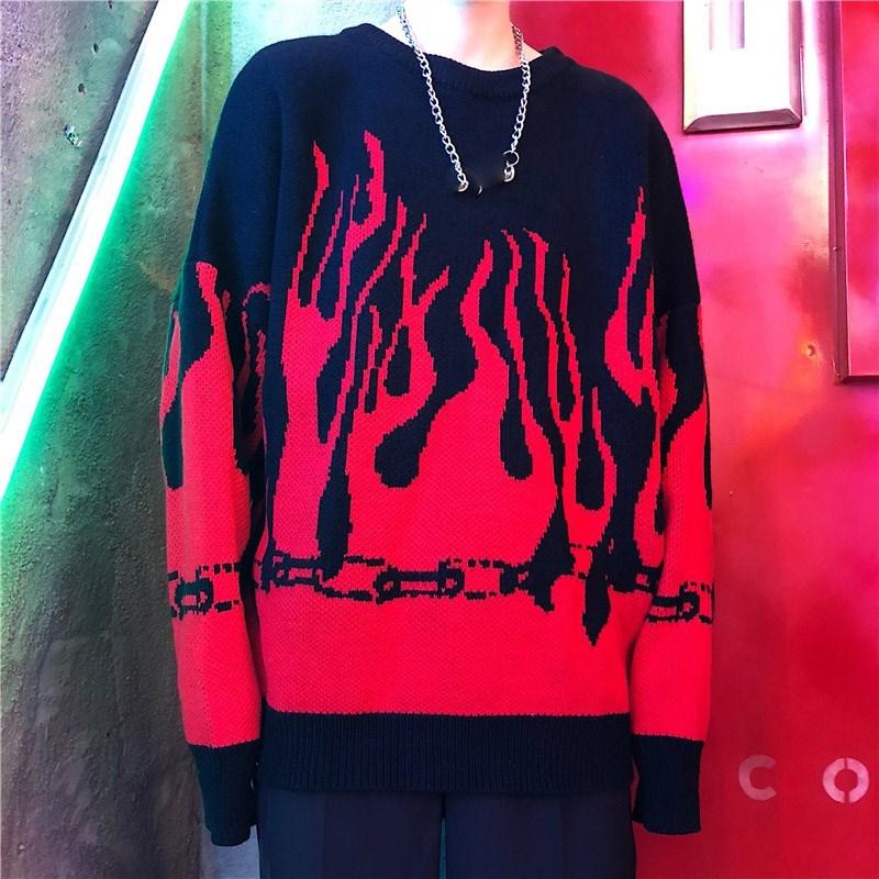 Chain & Flame Jacquard Knit Sweater - Ghoul RIP