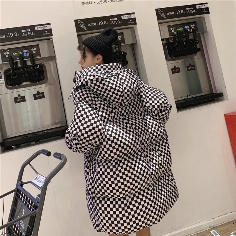 Checkerboard Pattern Hooded Longline Puffer Jacket - Ghoul RIP