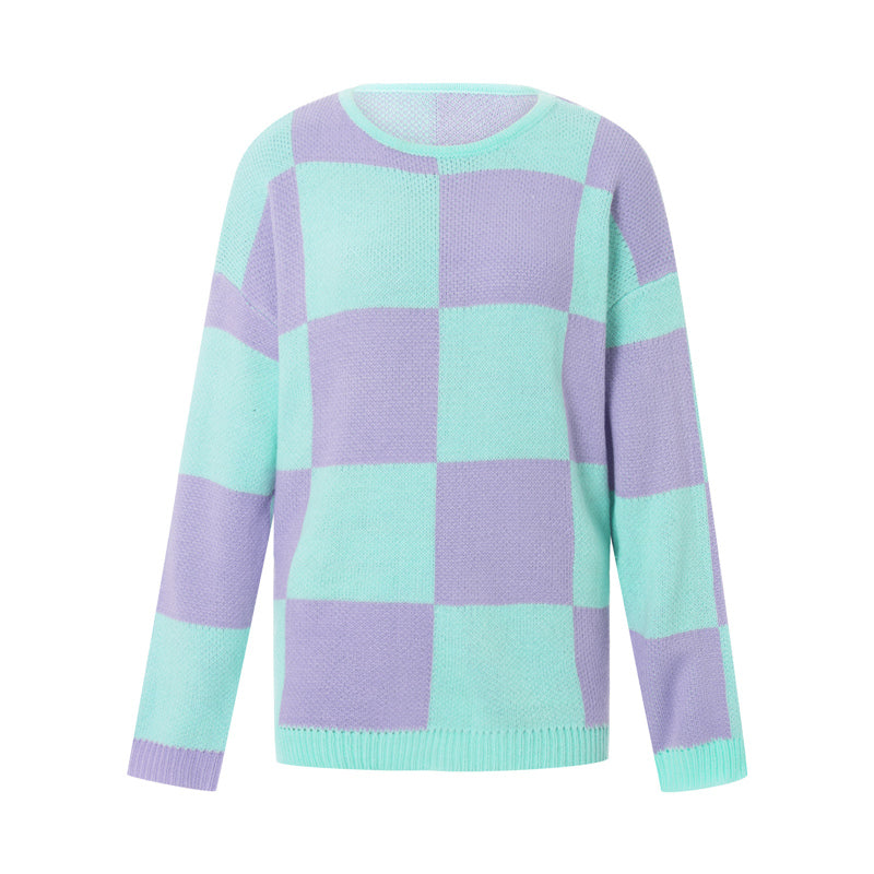 Checkered Contrast Color Knit Sweater - Ghoul RIP